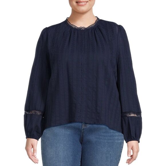 Time and Tru Tops - Cottagecore Blouse Navy Blue High Neck Elegant Crochet Lace Accents size 16-18